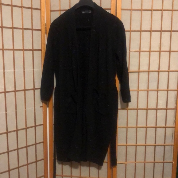 M&S Collection Jackets & Blazers - Long sweater jacket with belt.  Black with a few colored fabric spots.